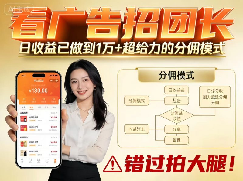 看广告招团长，团队收益已做到日入1万，分佣模式超给力，错过拍大腿 -1