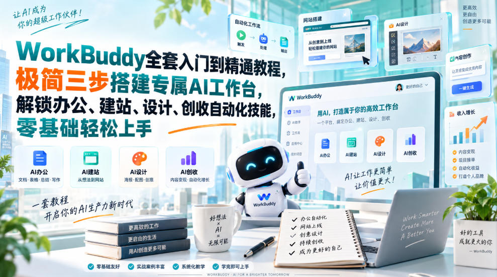 WorkBuddy全套入门到精通教程，极简三步搭建专属AI工作台，解锁办公、建站、设计、创收自动化技能，零基础轻松上手-阿灿学库